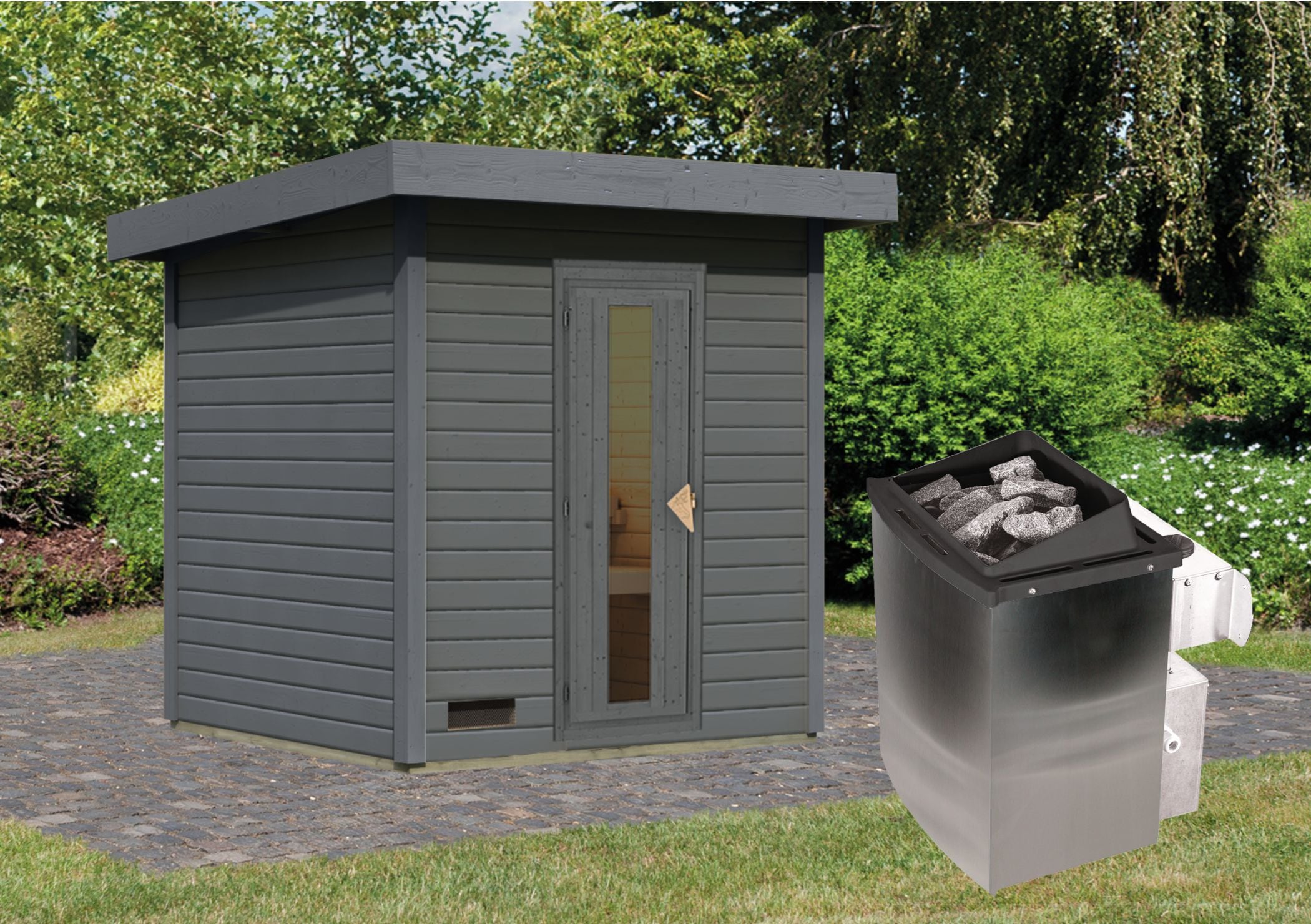 Karibu Saunahaus 38mm Melo 2 Ofen 9 kW integr. Strg terragrau