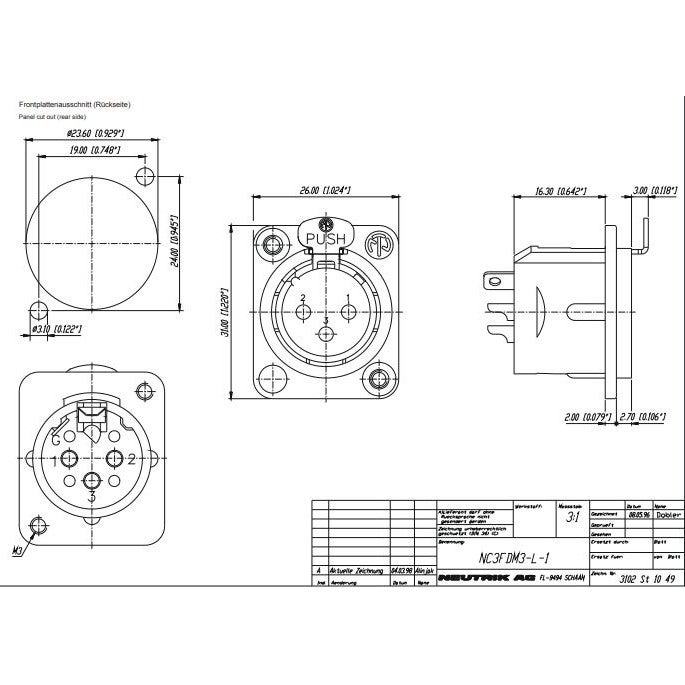 Neutrik NC3FDM3LBAG-1 XLR female chassisdeel