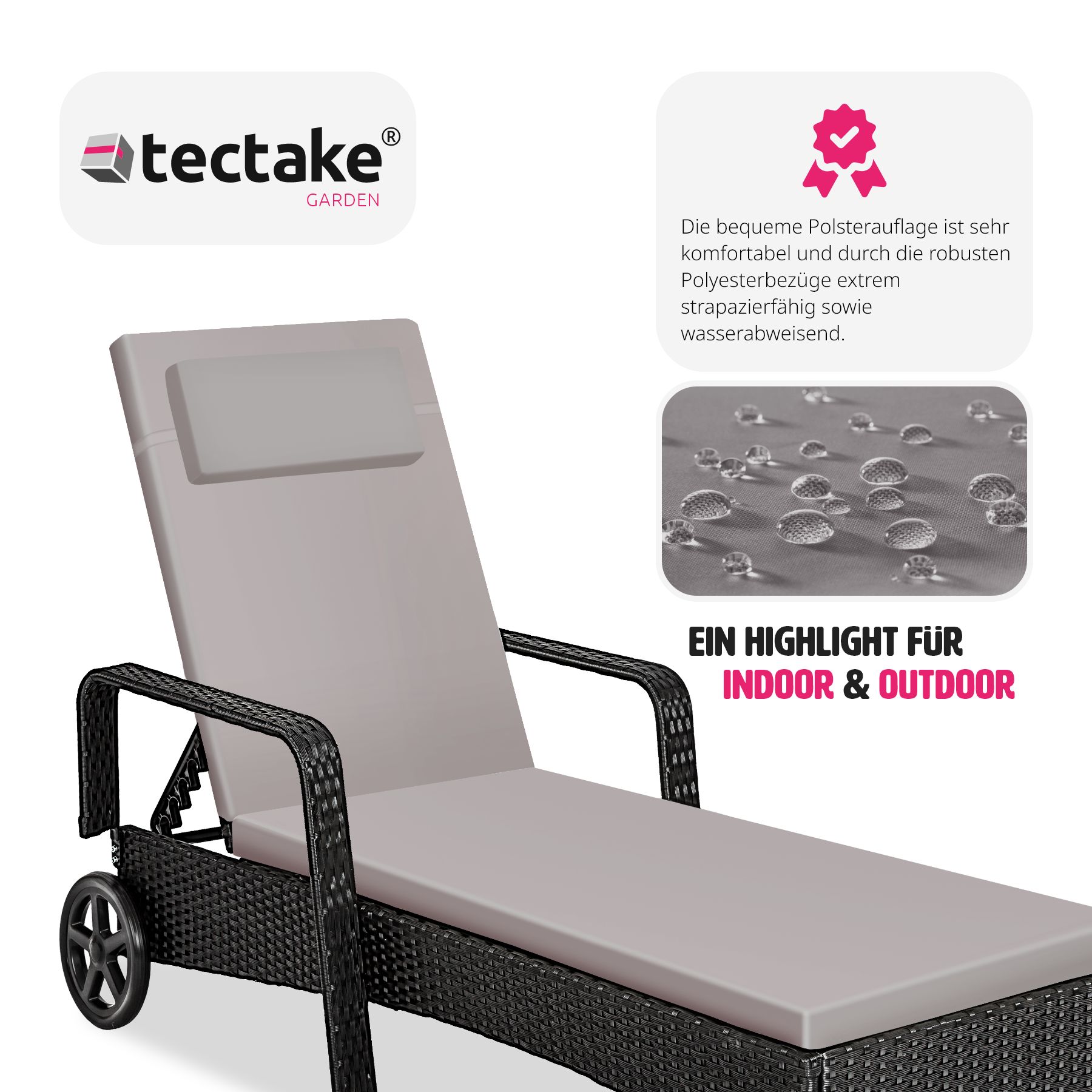 tectake® Rattan Sonnenliege, mit Aluminiumgestell, 6-fach verstellbare Rückenlehne, 196 x 72 x 57 - 94,5 cm