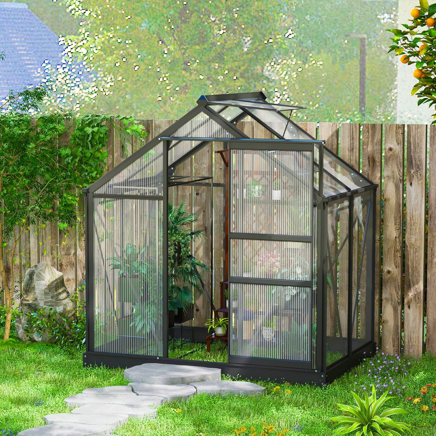 Outsunny Gewächshaus Aluminium Treibhaus mit Dachfenster Tür 190 x 132 x 201 cm Pflanzenhaus mit Fundament begehbares Tomatenhaus Witterungsbeständig Polycarbonat Grau+Transparent