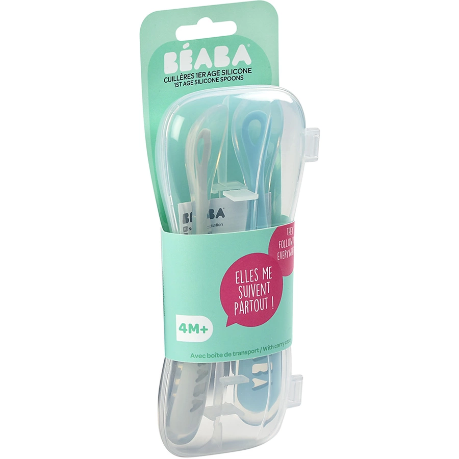 BEABA® Set aus 2 Babylöffeln aus Silikon mit Aufbewahrungsbox 1. Altersstufe blaugrau