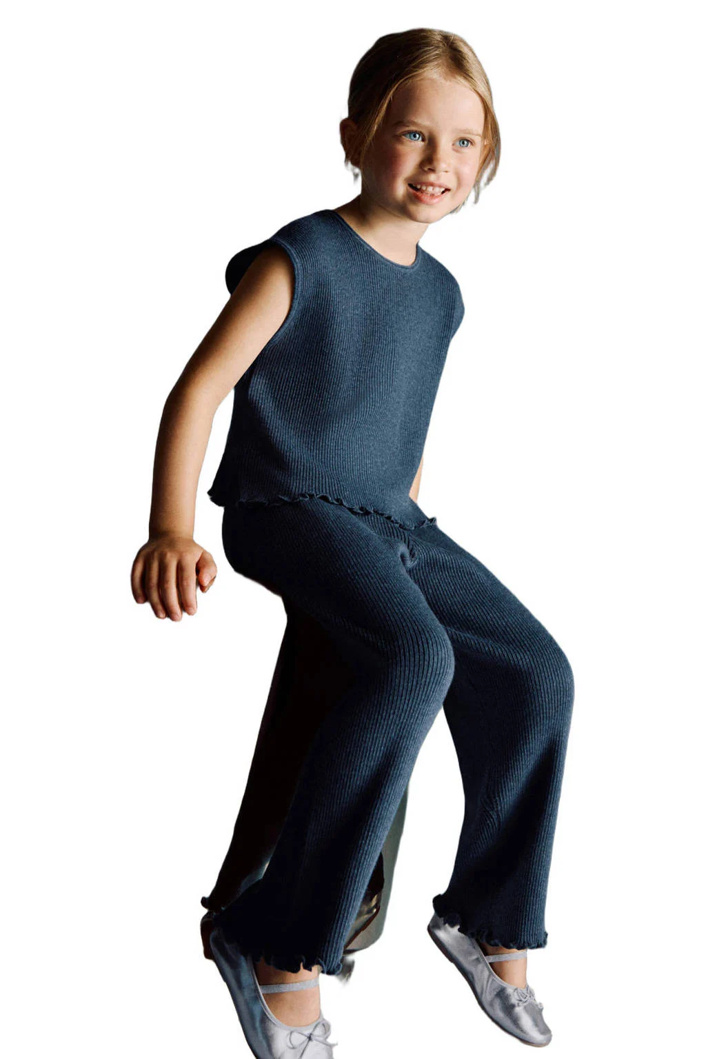 Mango Kids mouwloze top blauw rib gebreid