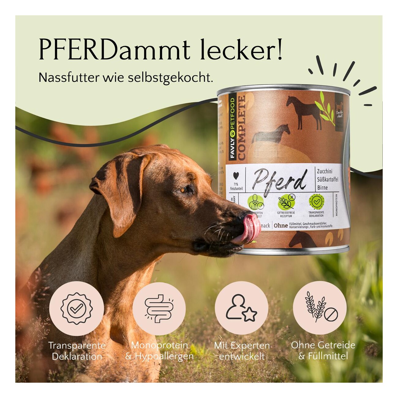 FAVLY Petfood Nassfutter Pferd mit Zucchini, Süßkartoffel & Birne 6x800 g