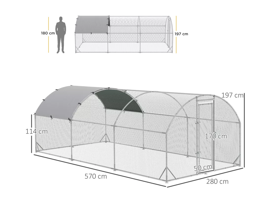 Enclos poulailler chenil 15,96 m² - parc grillagé dim. 5,7L x 2,8l x 1,97H m - espace couvert - acier galvanisé