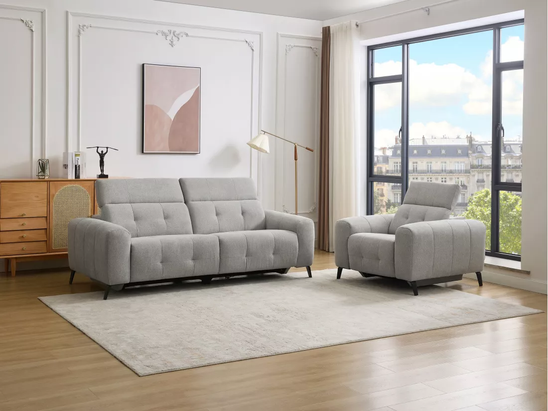 Canapé 3 places et fauteuil relax électrique en tissu gris CLODI