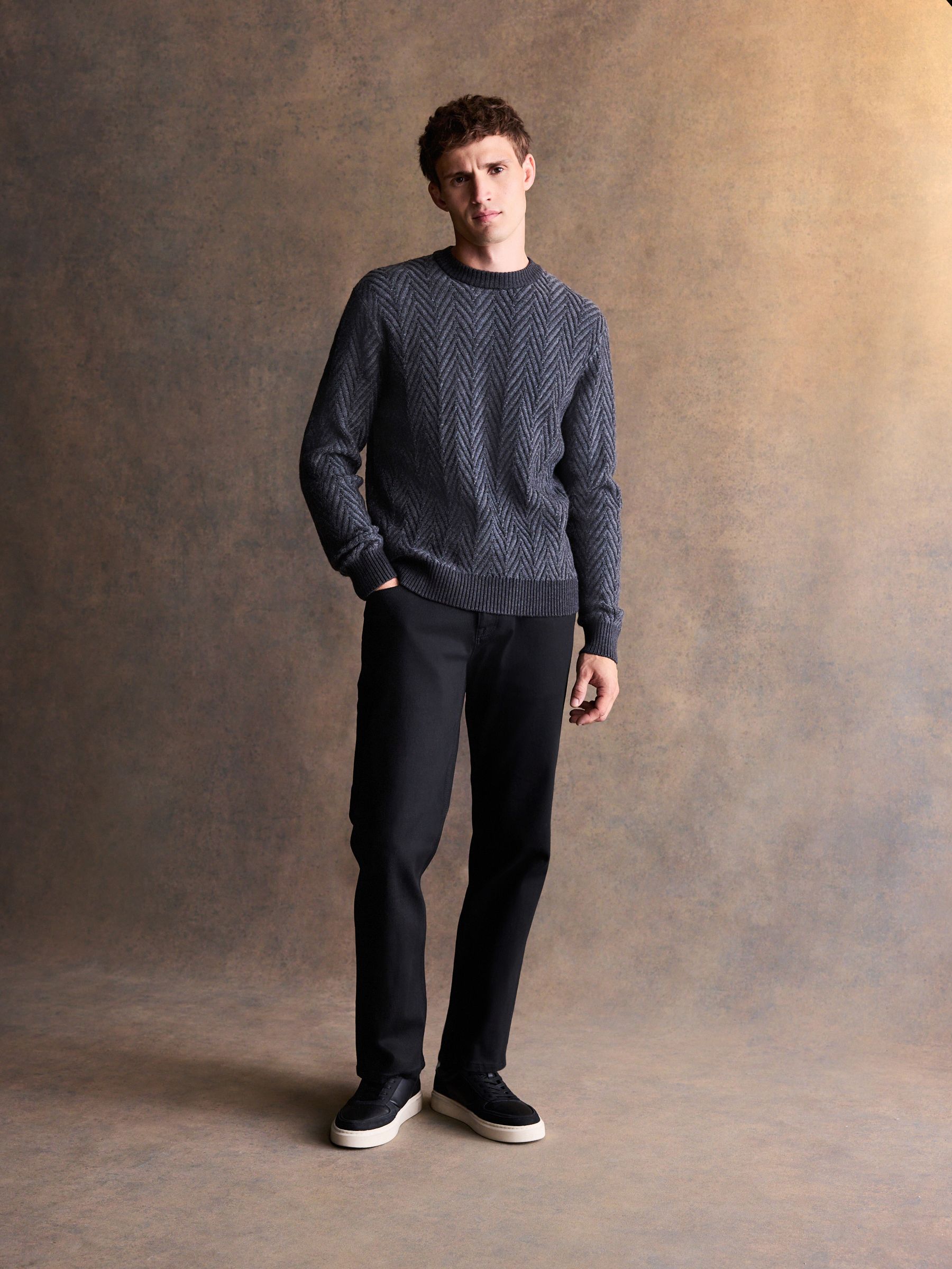 Antraciet - Regular Fit Herringbone Pattern Crew Jumper