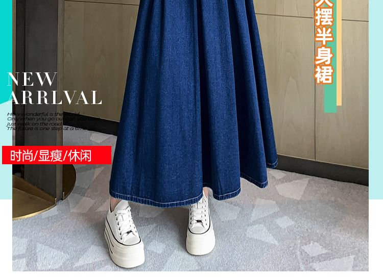 Frigga - Gewassen geplooide maxi-A-lijn denim rok met hoge taille en riem