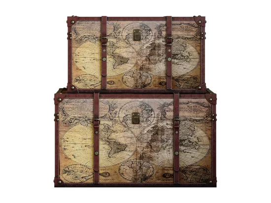 Lot de 2 malles en bois motif carte du monde - L. 69 x P. 43 x H. 40 cm et L. 59 x P. 36 x H. 33 cm - Marron - AVENTURA