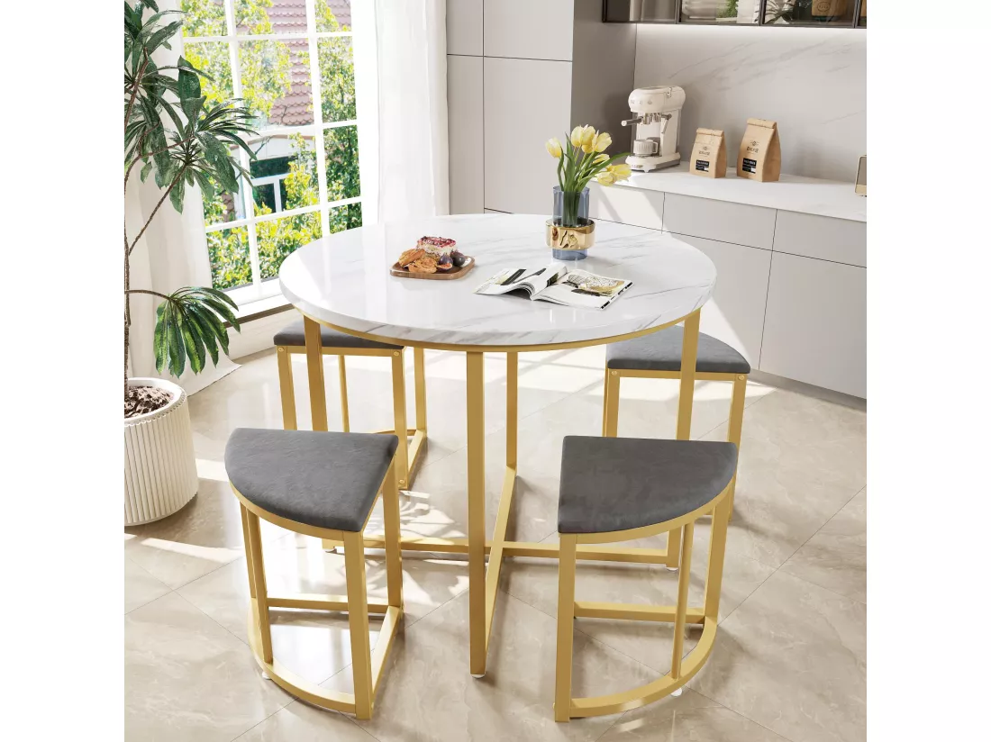 Table à manger et 4 chaises - plateau en MDF、cadre en fer plaqué or et coussins en velours gris - Blanc & Doré
