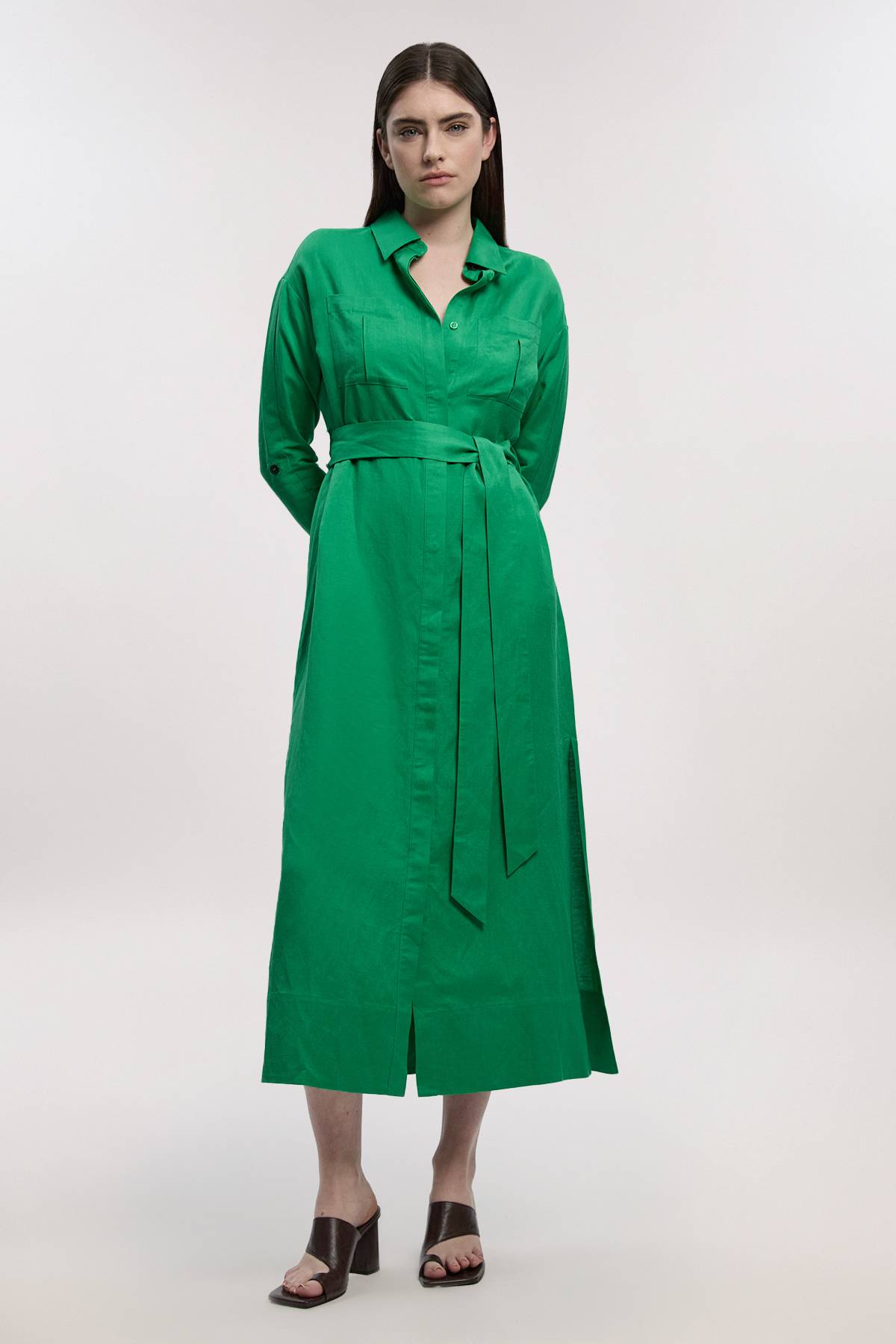 KarenMillen Robe chemise ceinturée en lin et viscose tissé