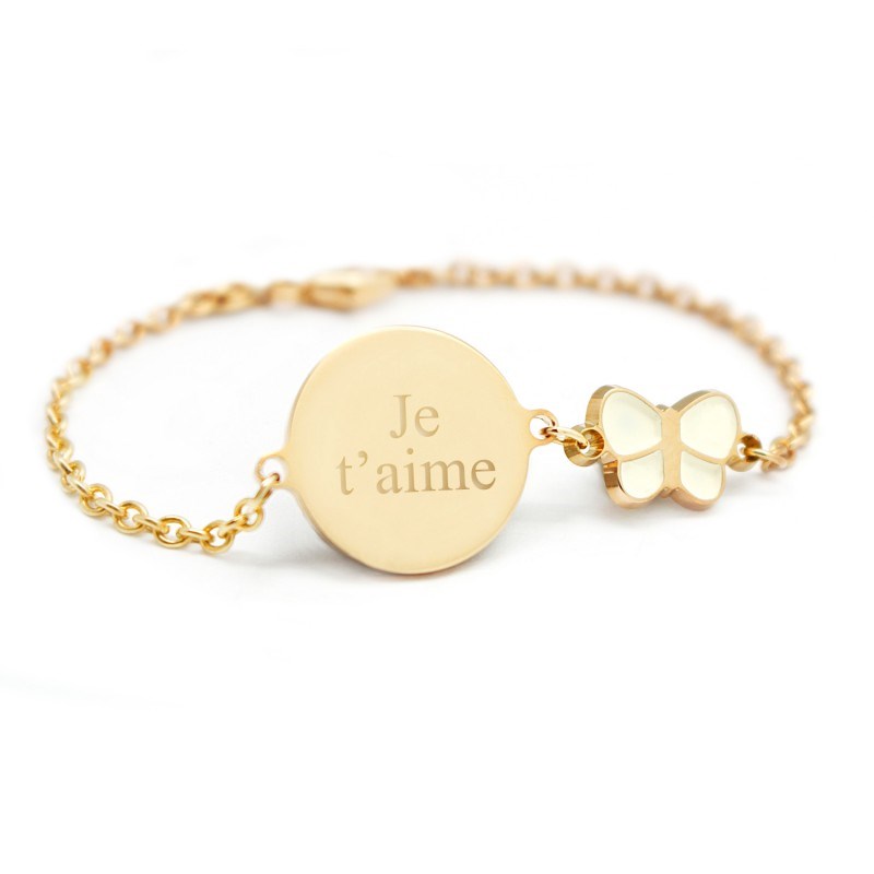 Bracelet chaine médaille papillon laqué plaqué or enfant - gravure JE T'AIME