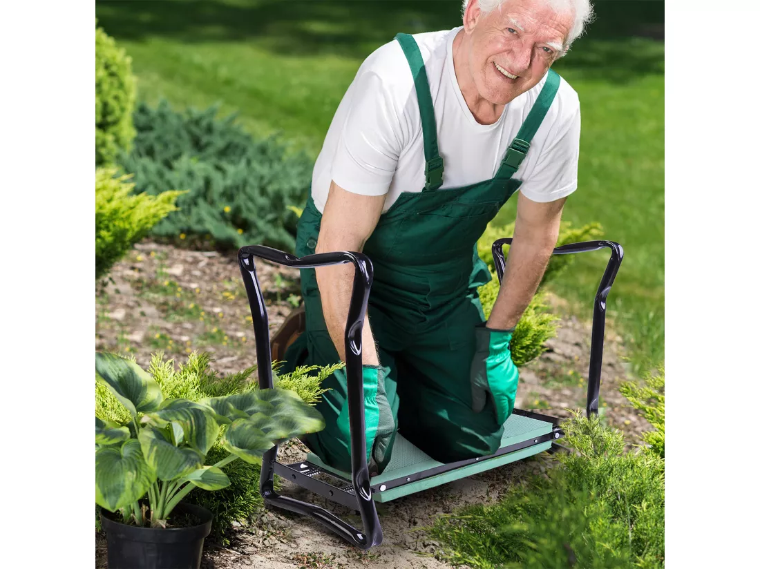 Tabouret de jardin pliable agenouilloir de jardin siège jardinage avec coussin acier EVA noir vert