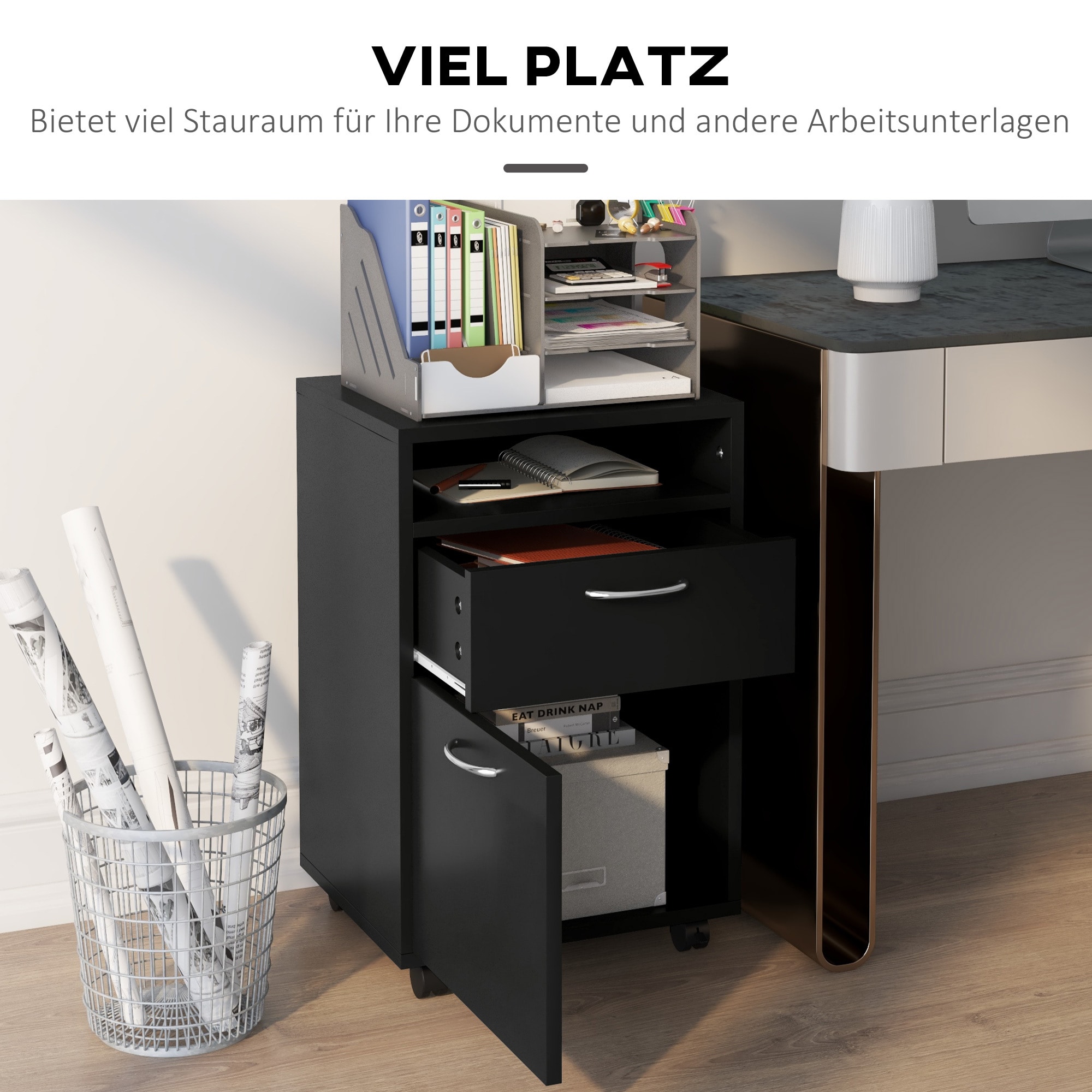 HOMCOM Aktenschrank mit Rollen schwarz 40L x 35B x 60H cm
