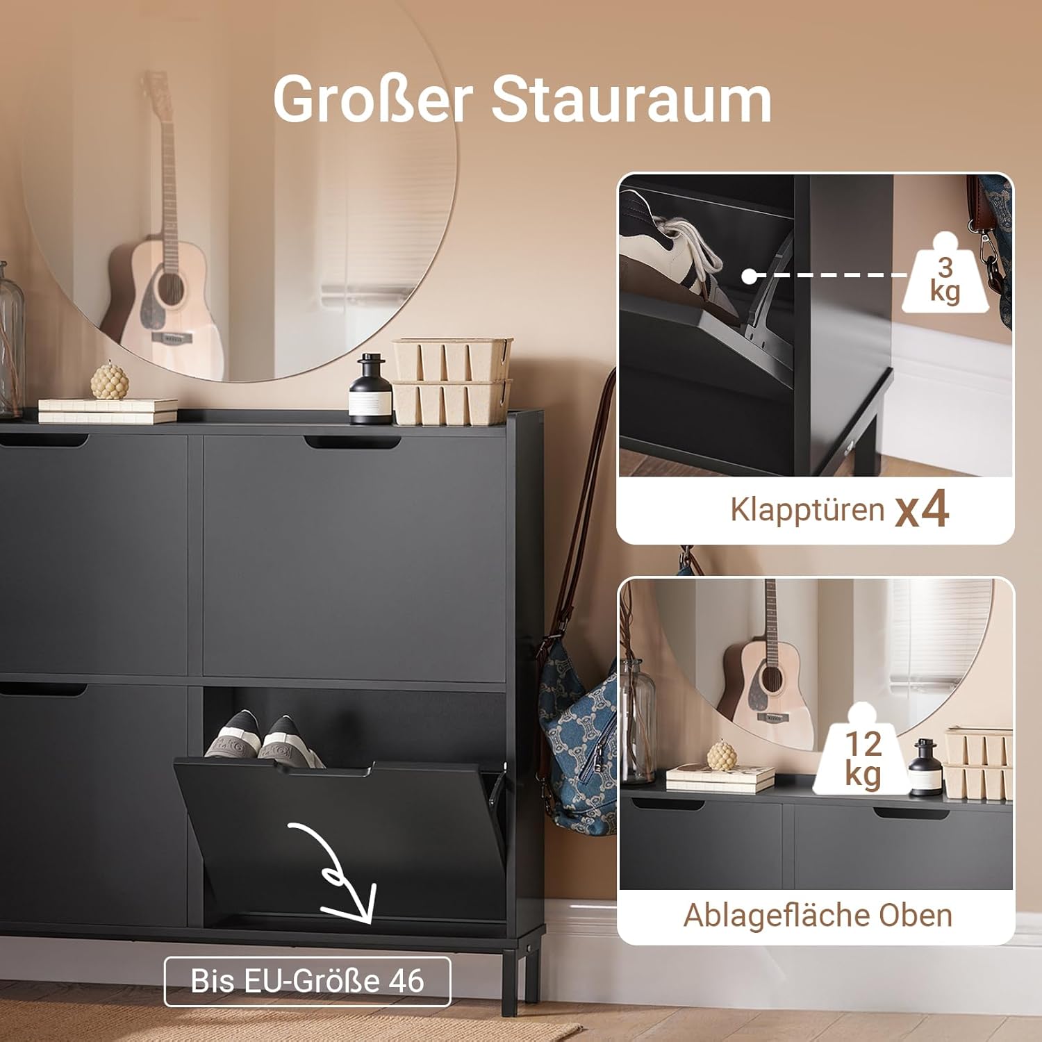 SoBuy Schuhschrank Schmal mit 4 Klappen platzsparender Schuhkipper Hoch Kommode mit 4 Ablagen Schuhregal geschlossen Flurschrank für Diele, Flur, Garderobe 100x91x19cm Schwarz FSR100-SCH