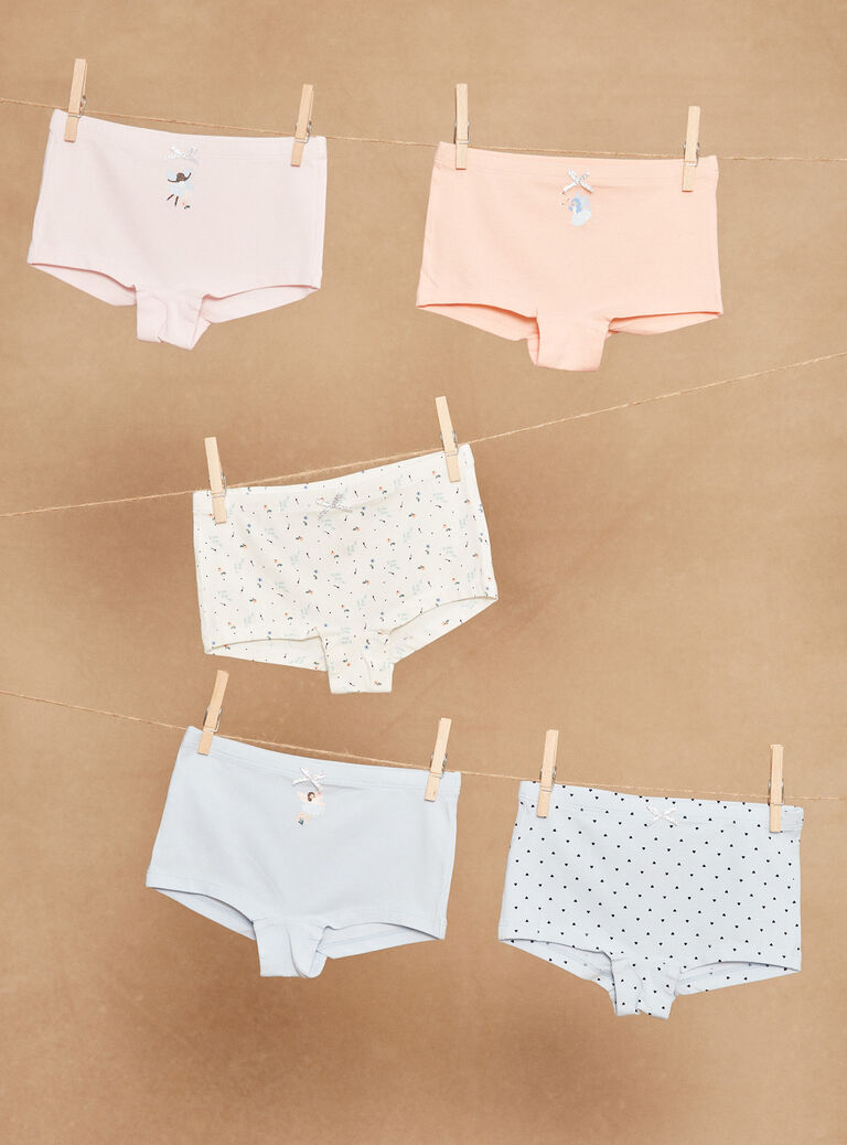 5 shortys ciel, écru, rose et orange à imprimé curs et fleuris et motifs fées danseuses