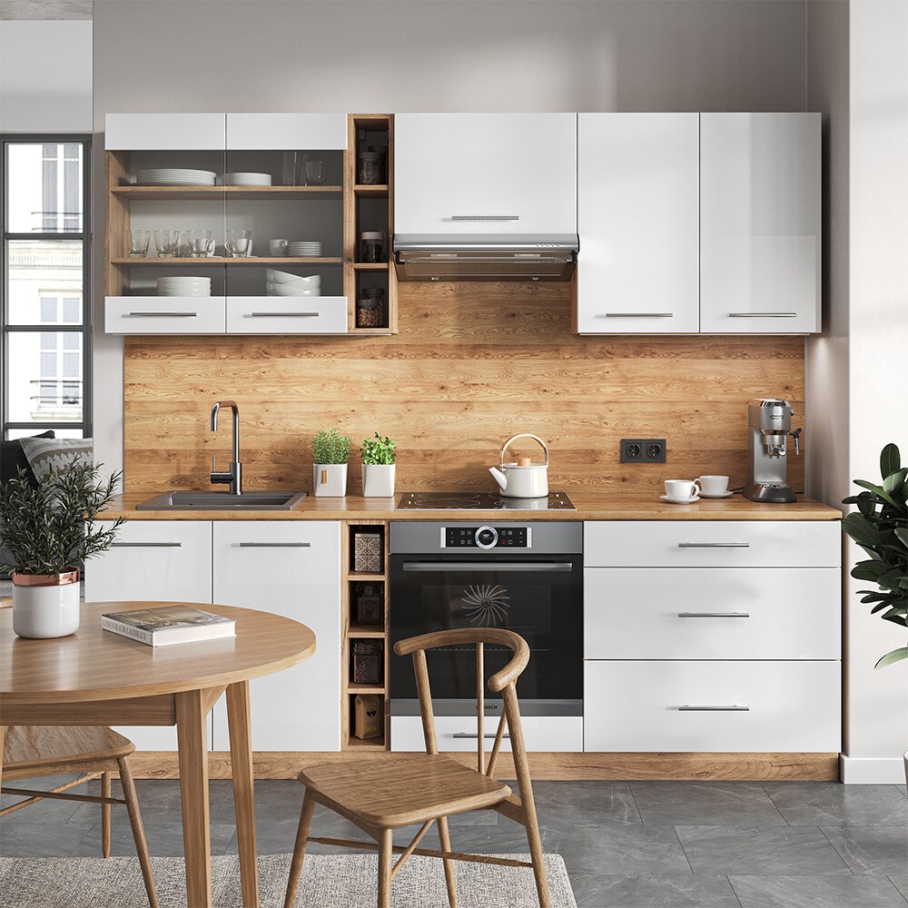 Vicco Küchenzeile Küchenblock Einbauküche Fame-Line Eiche Weiß 235 cm modern Hochglanz Küchen Schränke Hängeglasschrank Hängeschrank Schubladenunterschrank Spülenunterschrank Herdumbauschrank