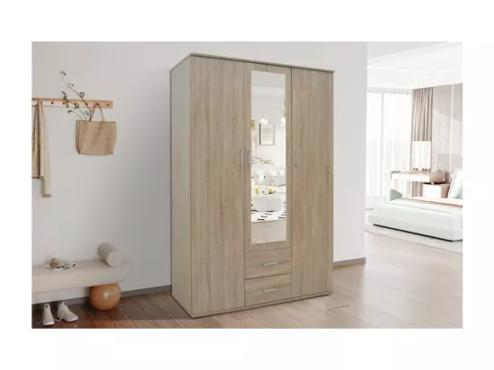 Armoire, garde-robe, avec miroir collection TOM, 3 portes 120 cm, penderie intégrée chêne sonoma