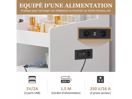 Coiffeuse avec Miroir LED et Tabouret - 115L x 40P x 140H cm - 3 Modes d'Éclairage - Blanc