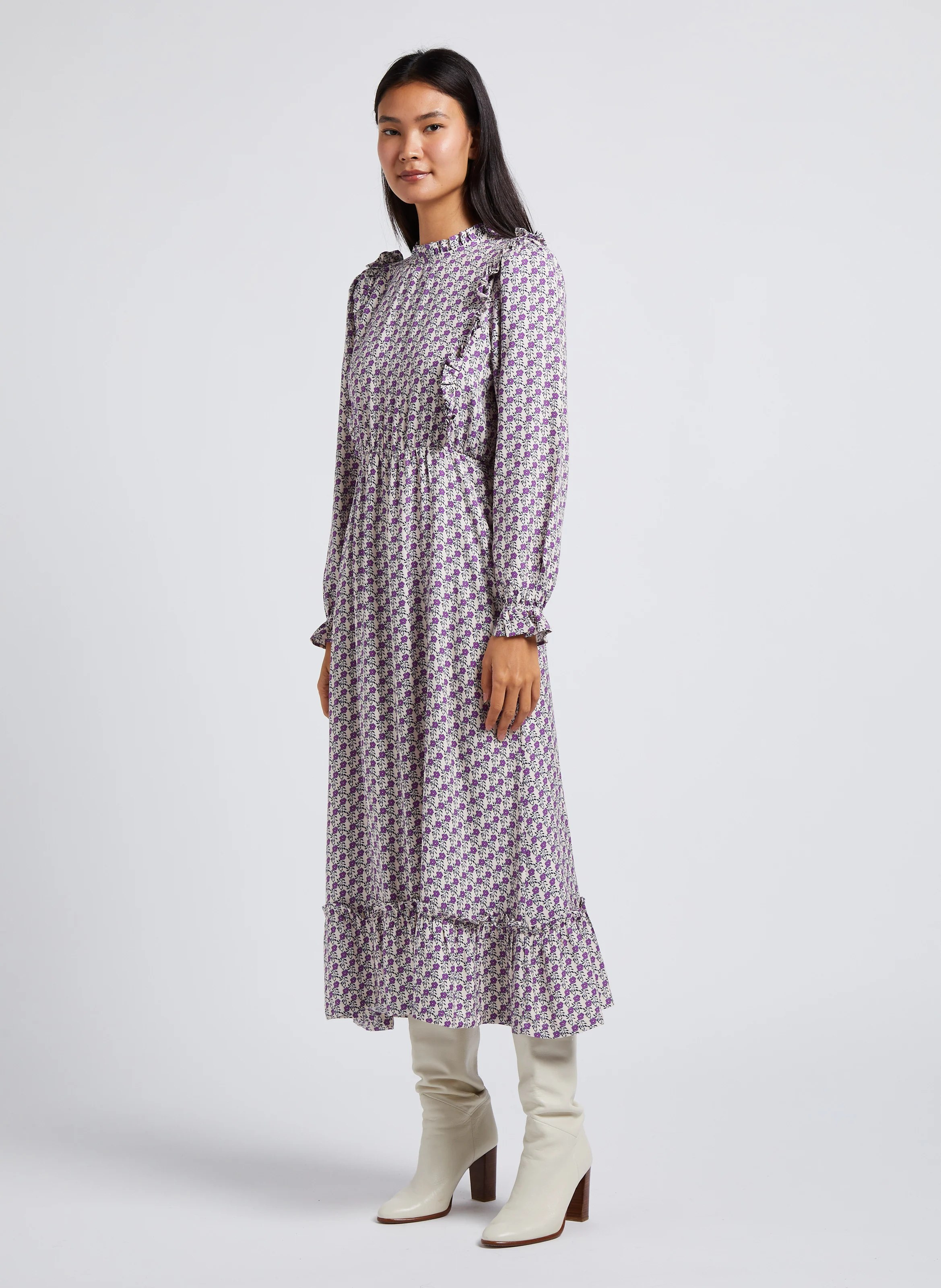 JOSEPHINE - Robe midi évasée col rond imprimé| Violet