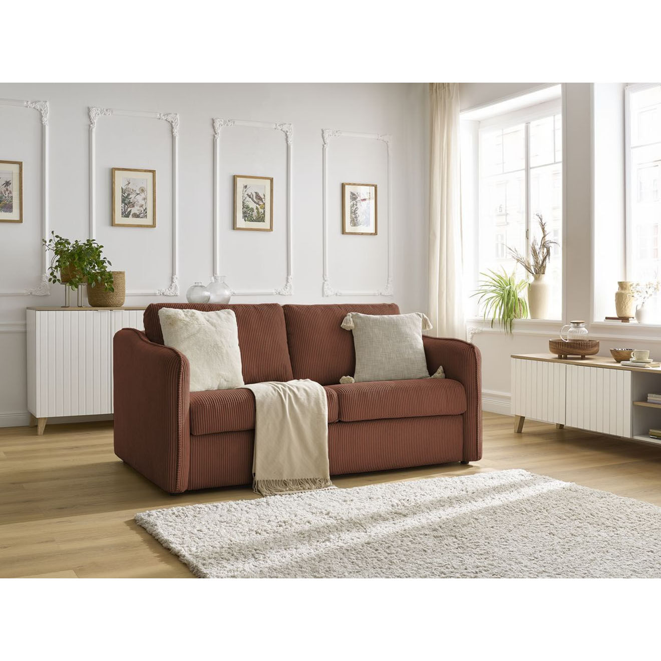 Bobochic Canapé droit convertible express en Velours côtelé 3 places Lenny orange - 178x102x89 cm