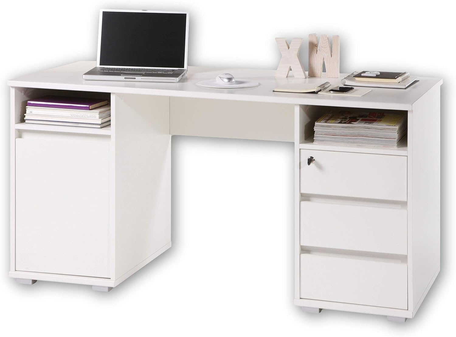 Stella Trading PRIMUS 2 Schreibtisch mit Schubladen, Weiß - Bürotisch Computertisch fürs Homeoffice mit Stauraum und offenen Ablagefächern - 145 x 74 x 65 cm (B/H/T)
