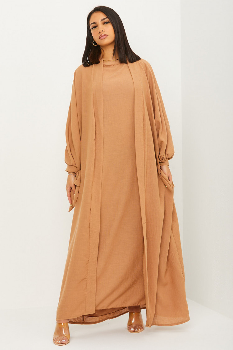 Ensemble effet lin 2 pièces kimono + robe camel