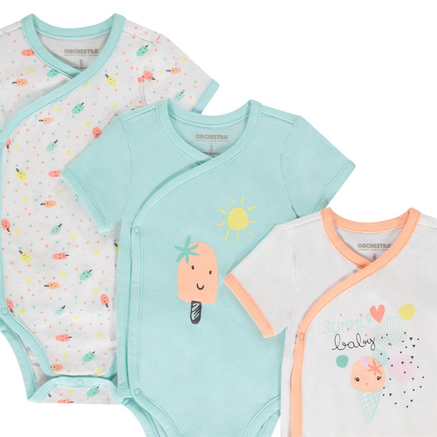 Lot de 3 bodies manches courtes fantaisie pour bébé fille - Ouvertures différentes selon l'âge - Blanc