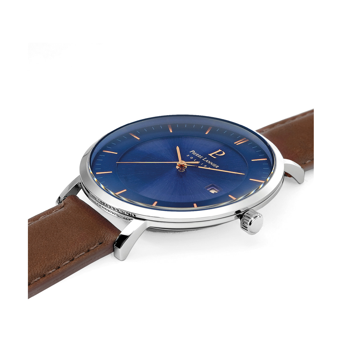 Montre Pierre Lannier homme solaire acier bracelet cuir brun