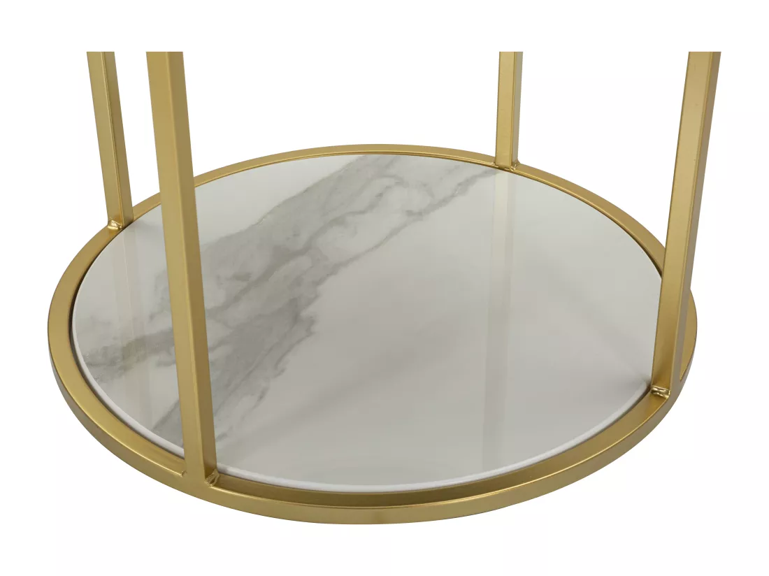 Table de chevet Montpellier, ronde en métal doré et simili-marbre, Ø 42x48 cm, plateau rembourré rose, design élégant et fonctionnel.