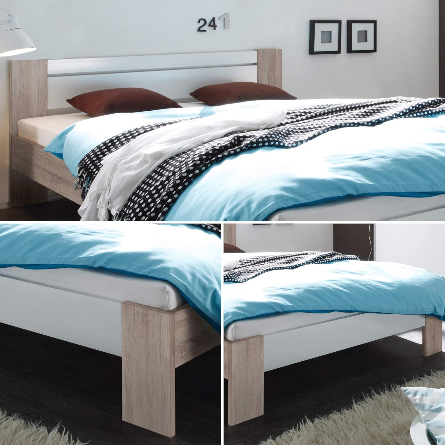 Stella Trading Vega Stilvolles Futonbett 140 x 200 cm - Komfortables Jugendzimmer Doppelbett in Eiche Sonoma Optik, weiß - 145 x 61 x 204 cm (B/H/T), Eiche Sonoma / Weiß, 204 x 145 x 68 cm