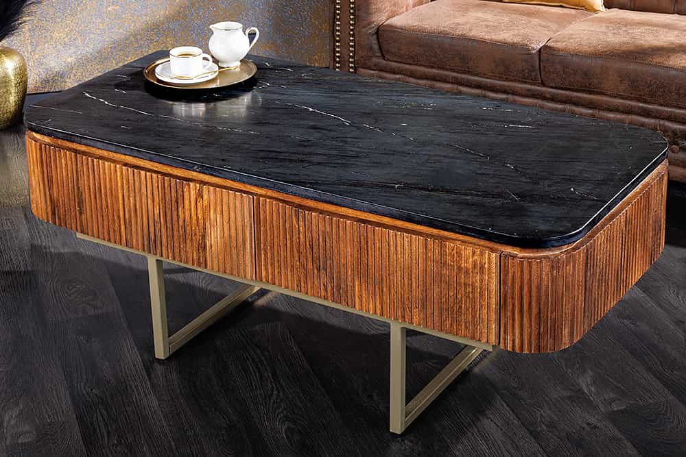 Design Couchtisch GATSBY 110cm Mangoholz massiv Marmor-Platte Retro mit Schubladen gold