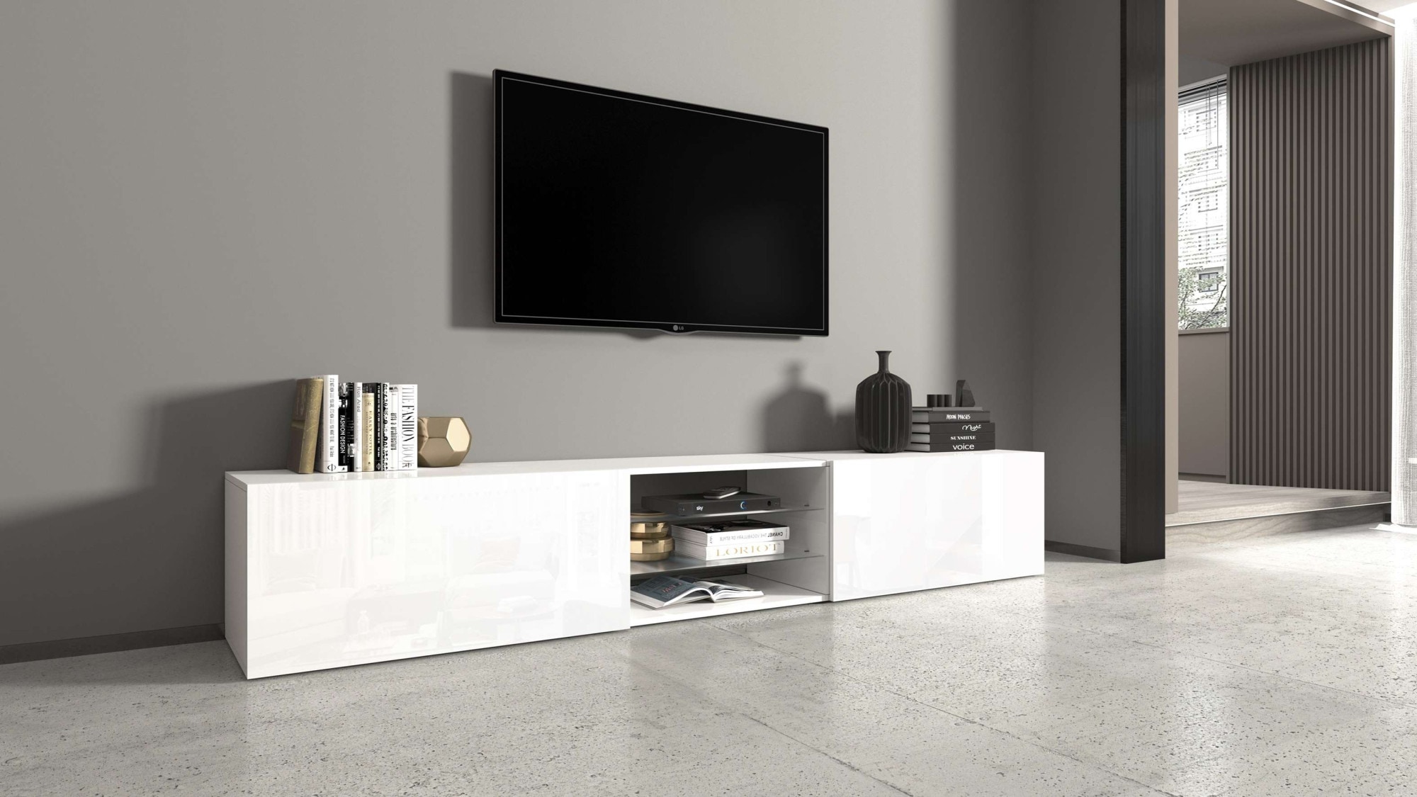 INOSIGN Lowboard »Egypt,Lowboard,TV-Kommode,TV-Möbel,TV-Bank« mit 2 Klappen, 2 Glasböden,kompl. Hochgl. lackiert (B/T/H)240x38x35 cm