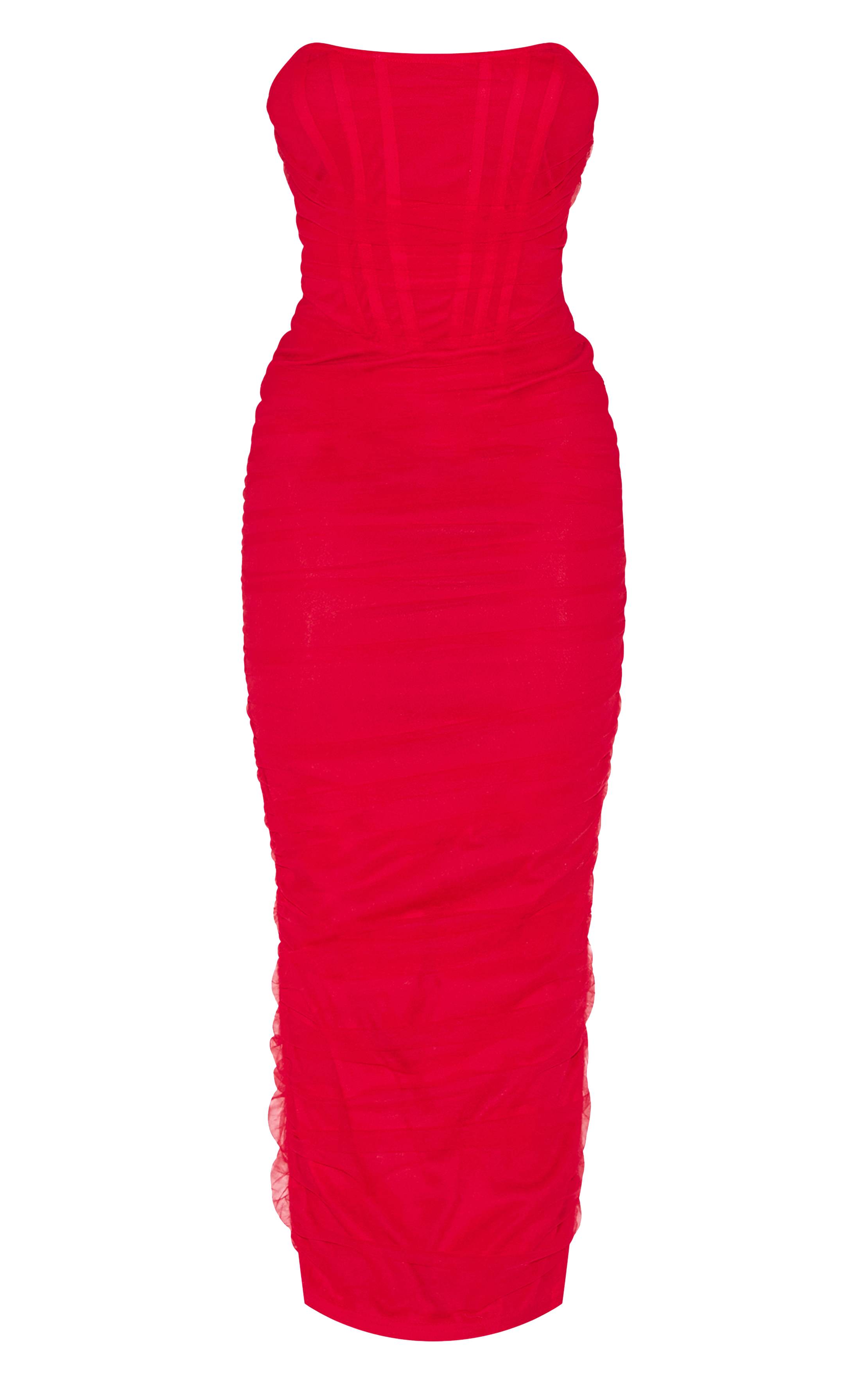 Rouge Robe Midi Moulante En Velours À Détail Corset Et Manches Longues Avec Fronces Shape