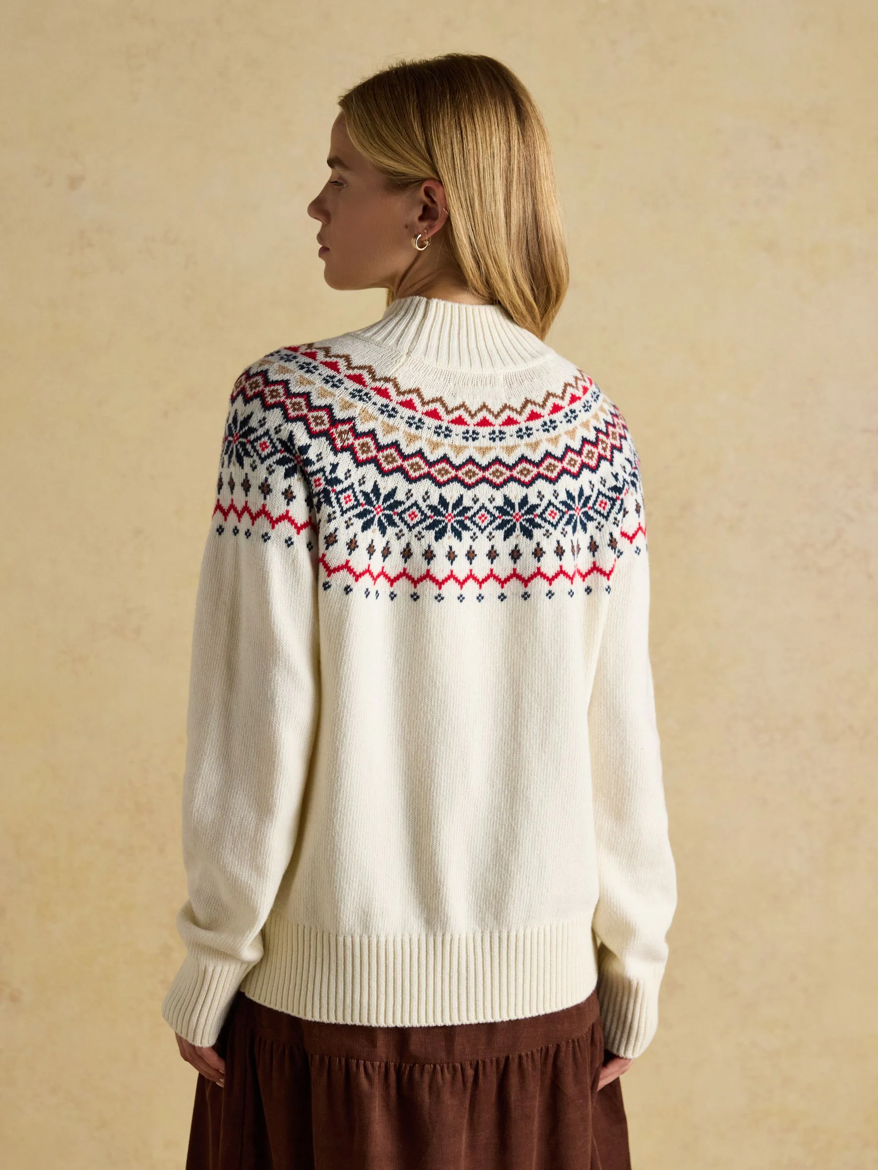 Crème - Joules Alba Fair Isle High Neck Cotton-Blend Jumper