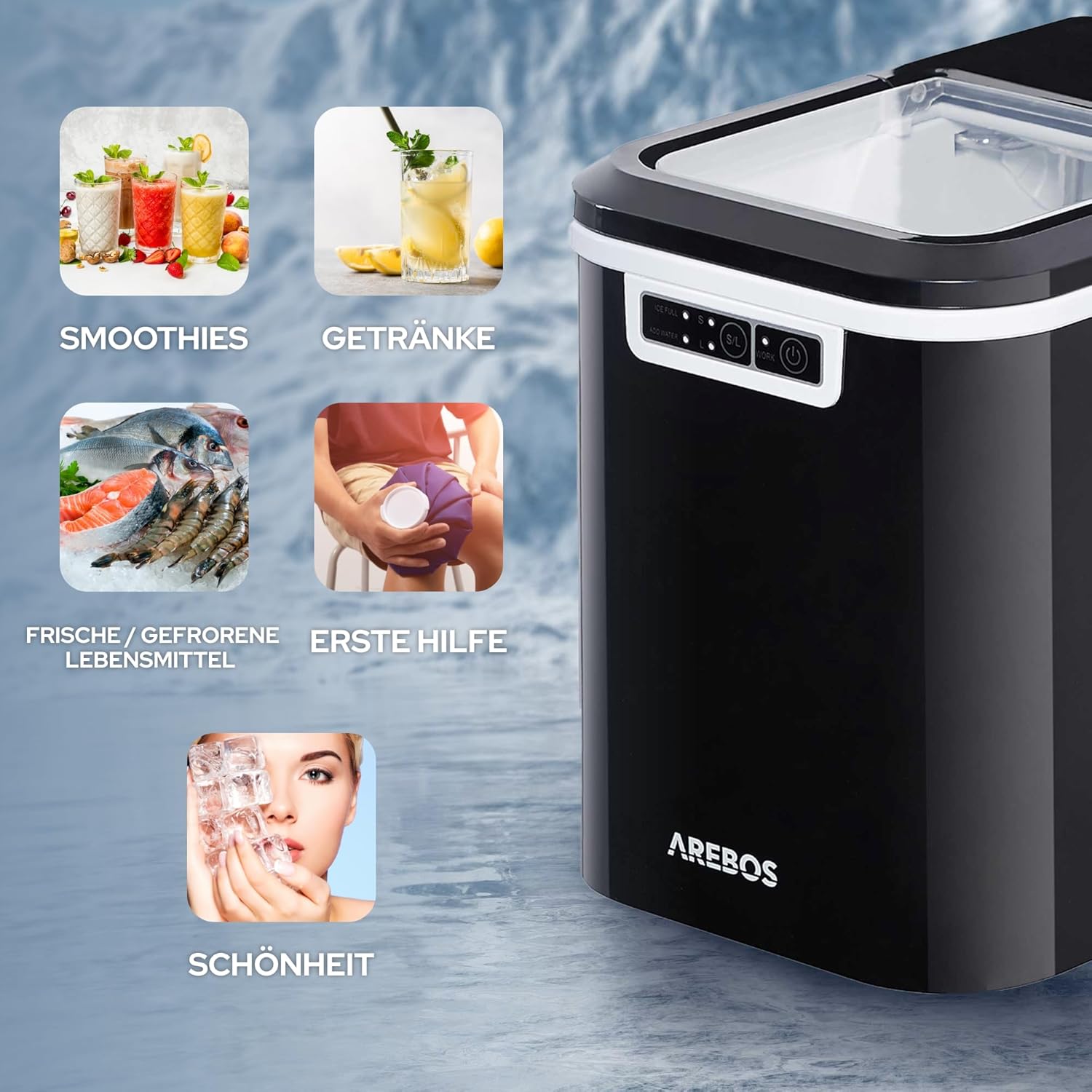 Arebos Eiswürfelmaschine | Ice Cube Maker | 12 kg / 24 h | 10-15 Minuten Produktionszeit | 2 Eiswürfel-Größen | 2,2 Liter Wassertank | Eiswürfelbereiter | Leise | Selbstreinigungsfunktion | Schwarz
