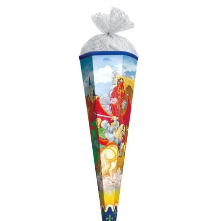 Roth Schultüte Ritter & Drache mit Silbertüll und -folie, 85 cm, 6-eckig