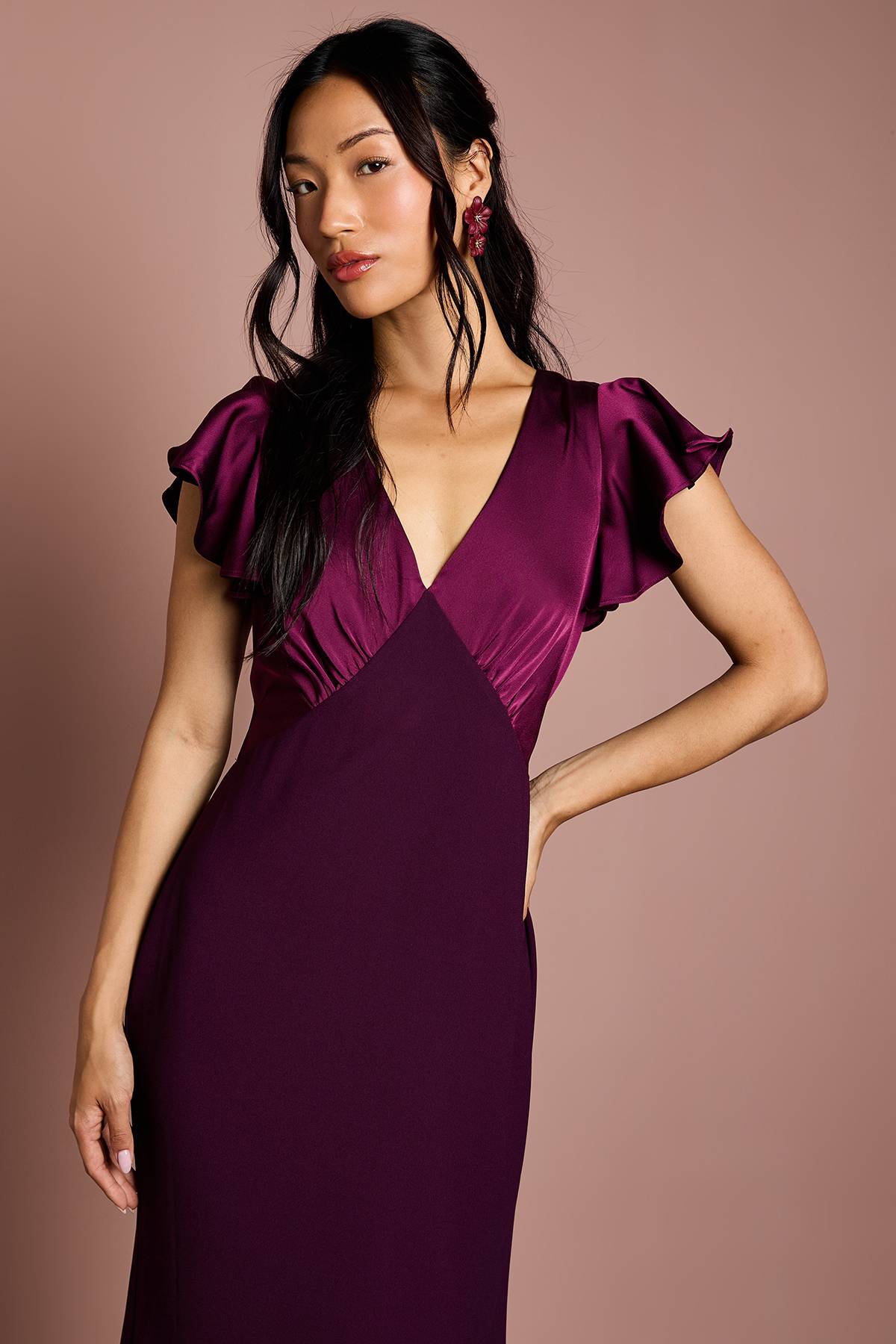 Coast Robe de Demoiselle d'Honneur Longue en Satin Coast Honoured à Col V et Manches Courtes Angel
