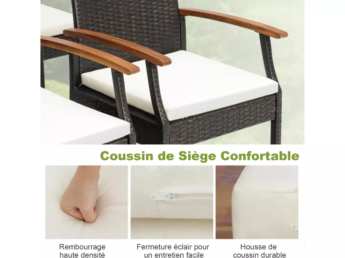 Fauteuil de Jardin Éxterieur Lot de 2 avec Coussins, Chaise Jardin Exterieur en Rotin et fibre naturelle PE avec Accoudoirs en Bois, Hauteur d'Assise 40 cm, pour Salon de Jardin, Terrasse, Patio