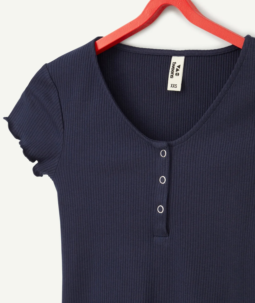 T-SHIRT FILLE EN COTON BIO BLEU MARINE CÔTELÉ ET PRESSIONNÉ