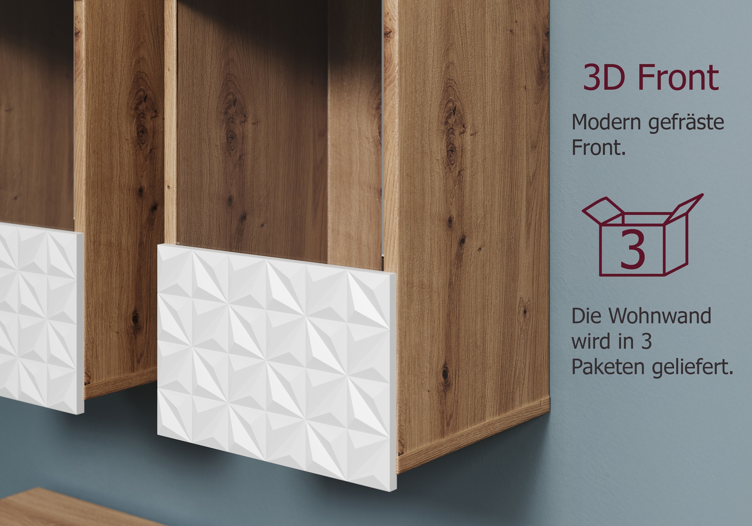 INOSIGN Wohnwand »Rezzo, 2 Hängevitrinen mit Relief-Front, 2 Lowboards je Br. 120 cm« Komplett-Set, 4 Stk. tlg.