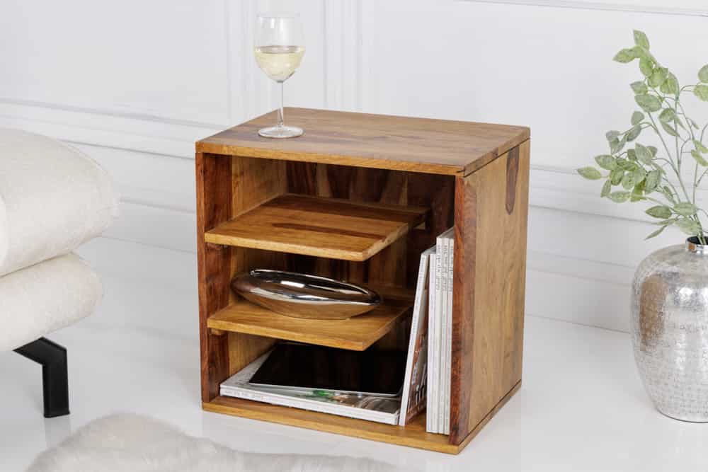 Massivholz Beistelltisch CUBUS 45cm braun Sheesham stone finish Regal Nachttisch