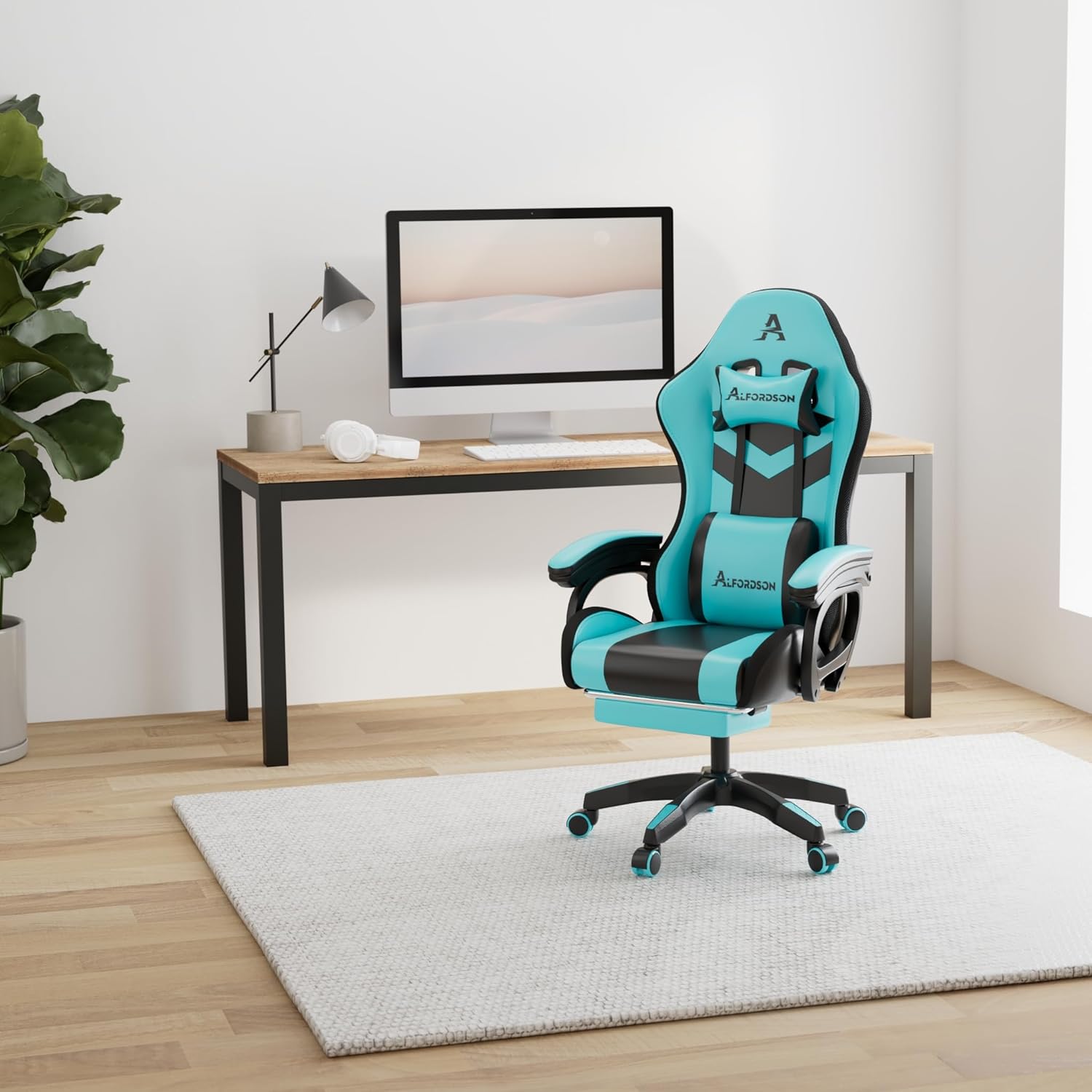 ALFORDSON Gaming Stuhl mit 8-Punkt Massage 12 Farben RGB LED-Licht, Bürostuhl Ergonomisch mit fußstützen, Kopfstütze Lendenkissen für Kinder Erwachsene, Cyan