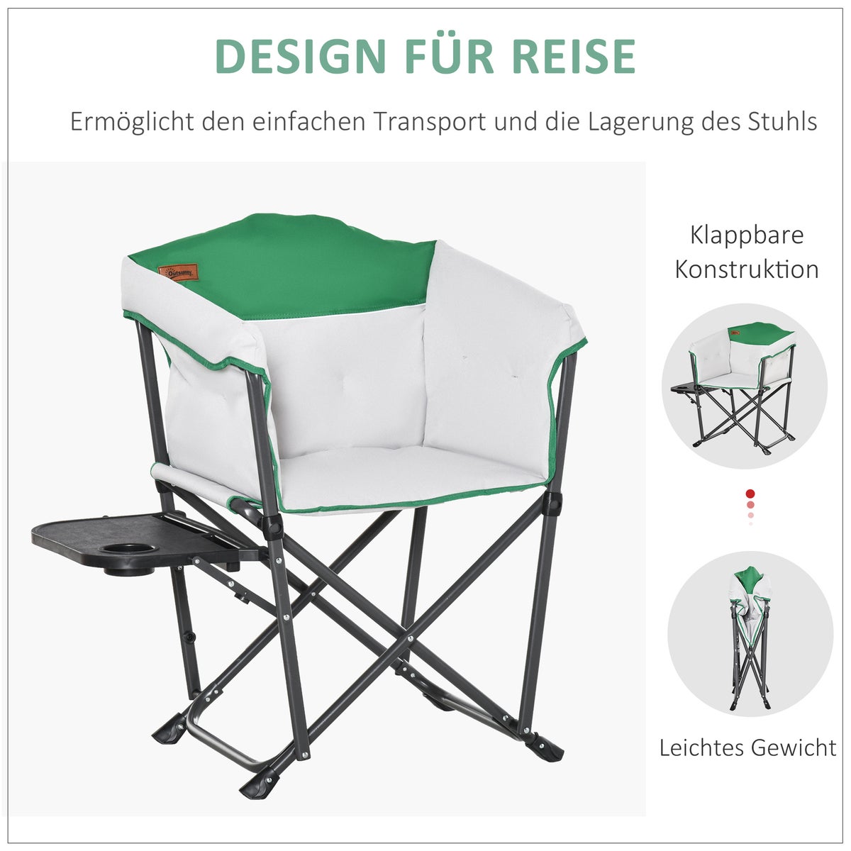 Outsunny Campingstoel, opvouwbare stoel, met bekerhouder, draagbaar, 83 x 64 x 90 cm, Oxford-stof, wit + groen