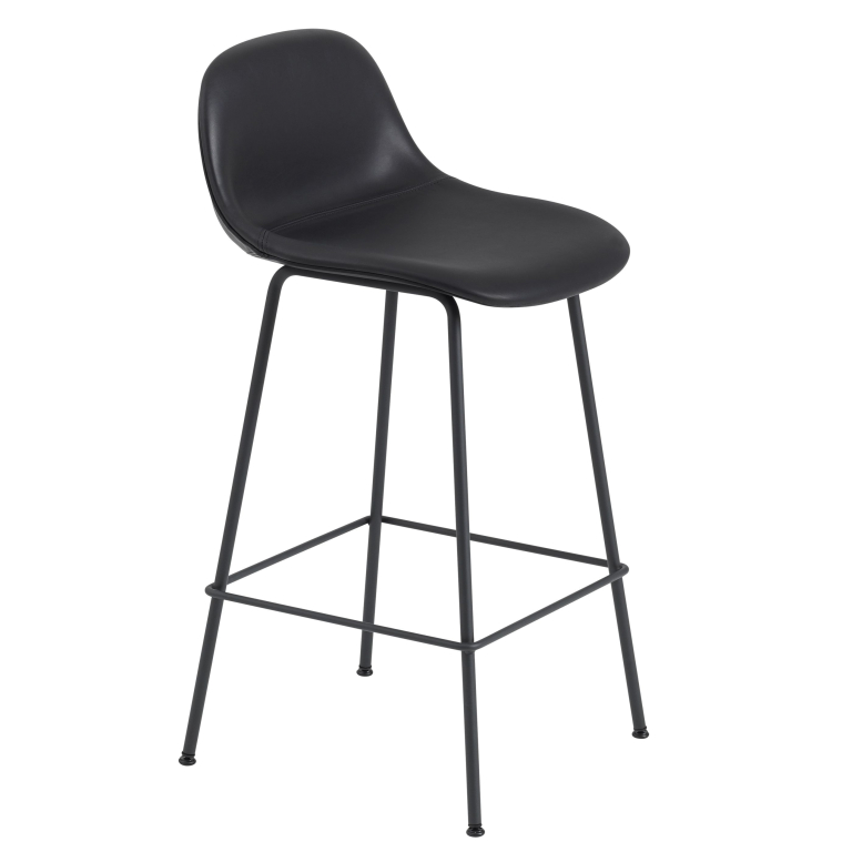 Muuto Fiber Backrest Tube gestoffeerde barkruk 65cm zwart leer