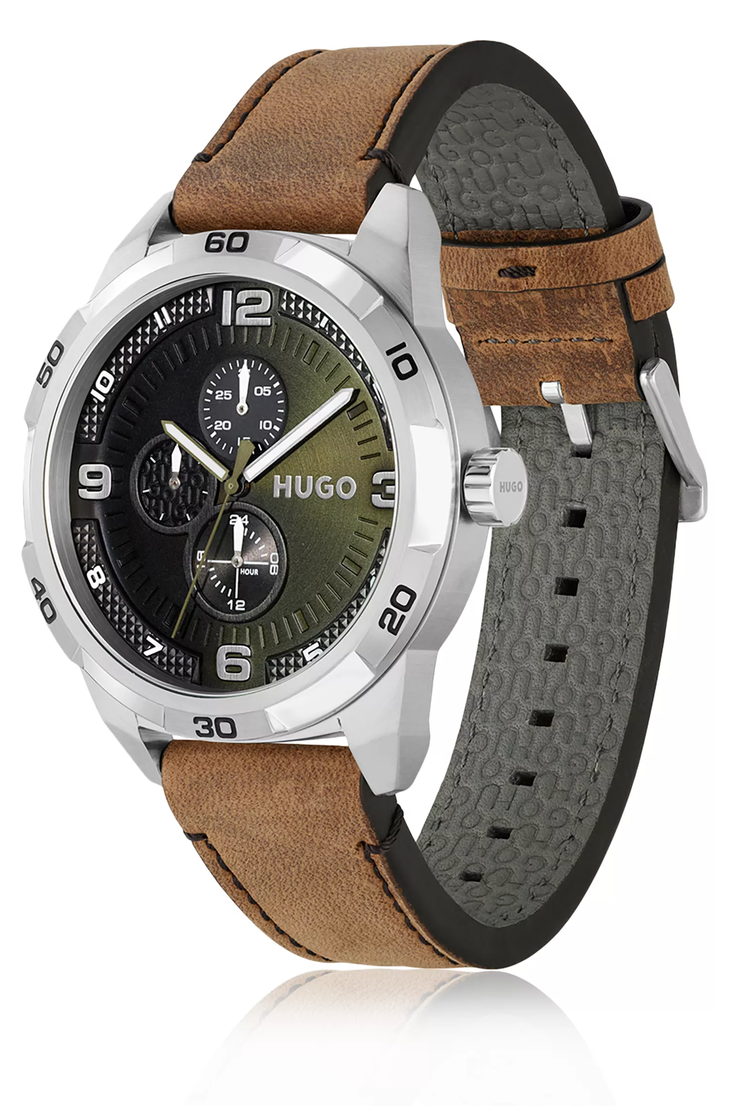 Relógio HUGO com mostrador vermelho-oliva e pulseira de couro.
