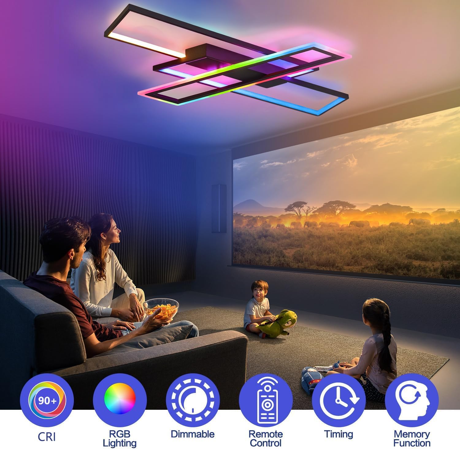 60cm Modern LED Deckenleuchte Dimmbare RGB Farbwechsel Deckenlampe mit Fernbedienung, Smart APP Steuerung, Timing & Memory Funktion, 64W Groß Wohnzimmerlampe für Schlafzimmer Kinderzimmer Büro Lampe