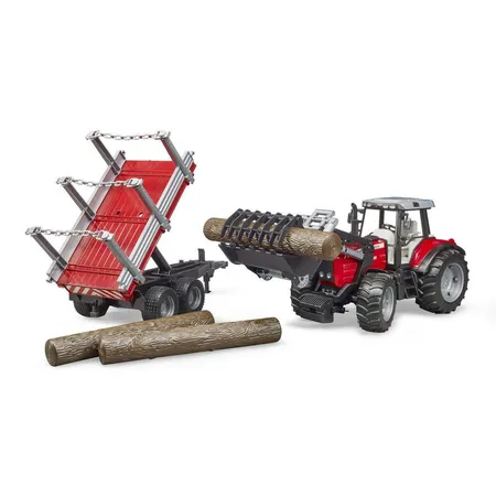 BRUDER® 2046 Massey Ferguson mit Frontlader und Holztransportanhänger und 3 Baumstämmen