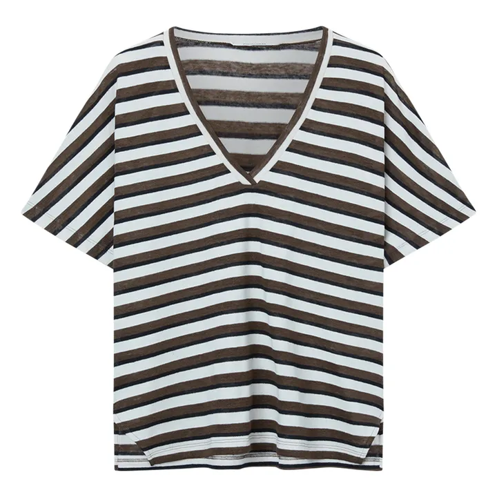 Pomandère T-shirt Col V Rayures Lin et Coton | Violet