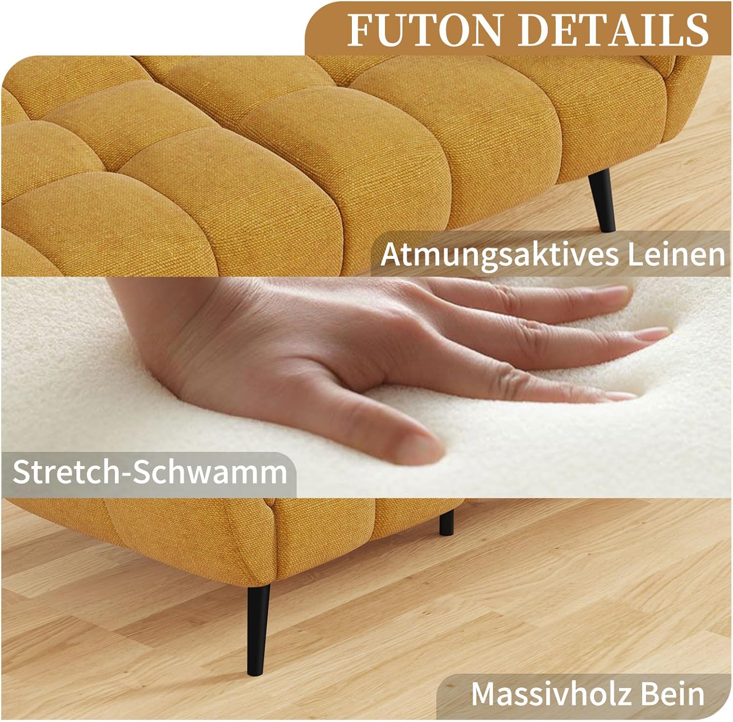 Sofa Mit Schlaffunktion, Klappsofa Sofa 3 Sitzer, Schlafsofa 155x85cm, Bequemes Geeignet Für Wohnzimmer, Büro, Lounge, Zimmer, Schlafzimmer (Gelb)