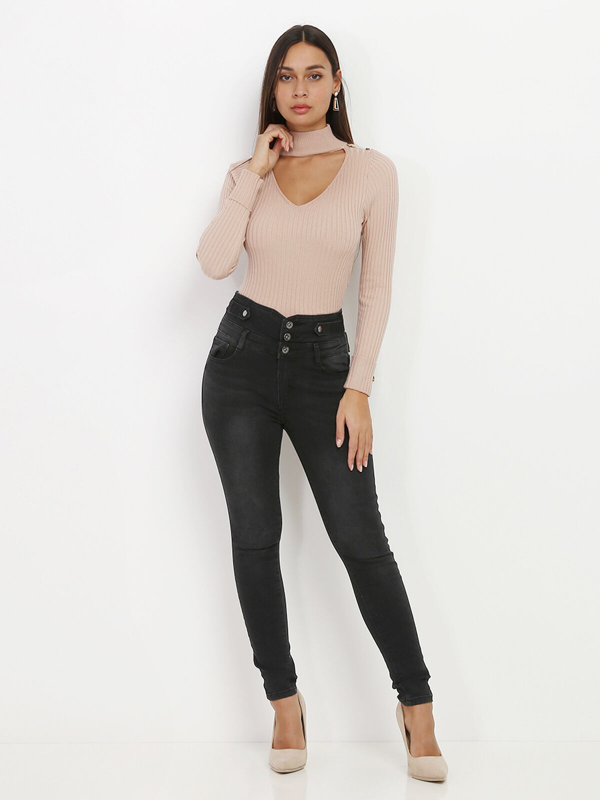 Jeans skinny délavé à taille haute- Gris